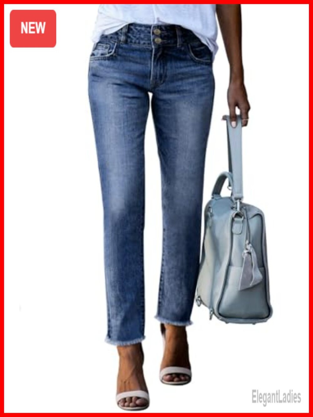 High Waisted Raw Hem Straight Leg Jeans Cotton Blend Stretchy Summer Denim